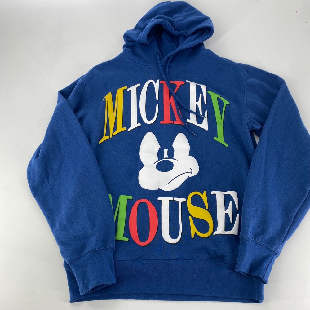 Disney Mickey Mouse Blue Hoodie Pullover Graphic Sweatshirt Men Size SM